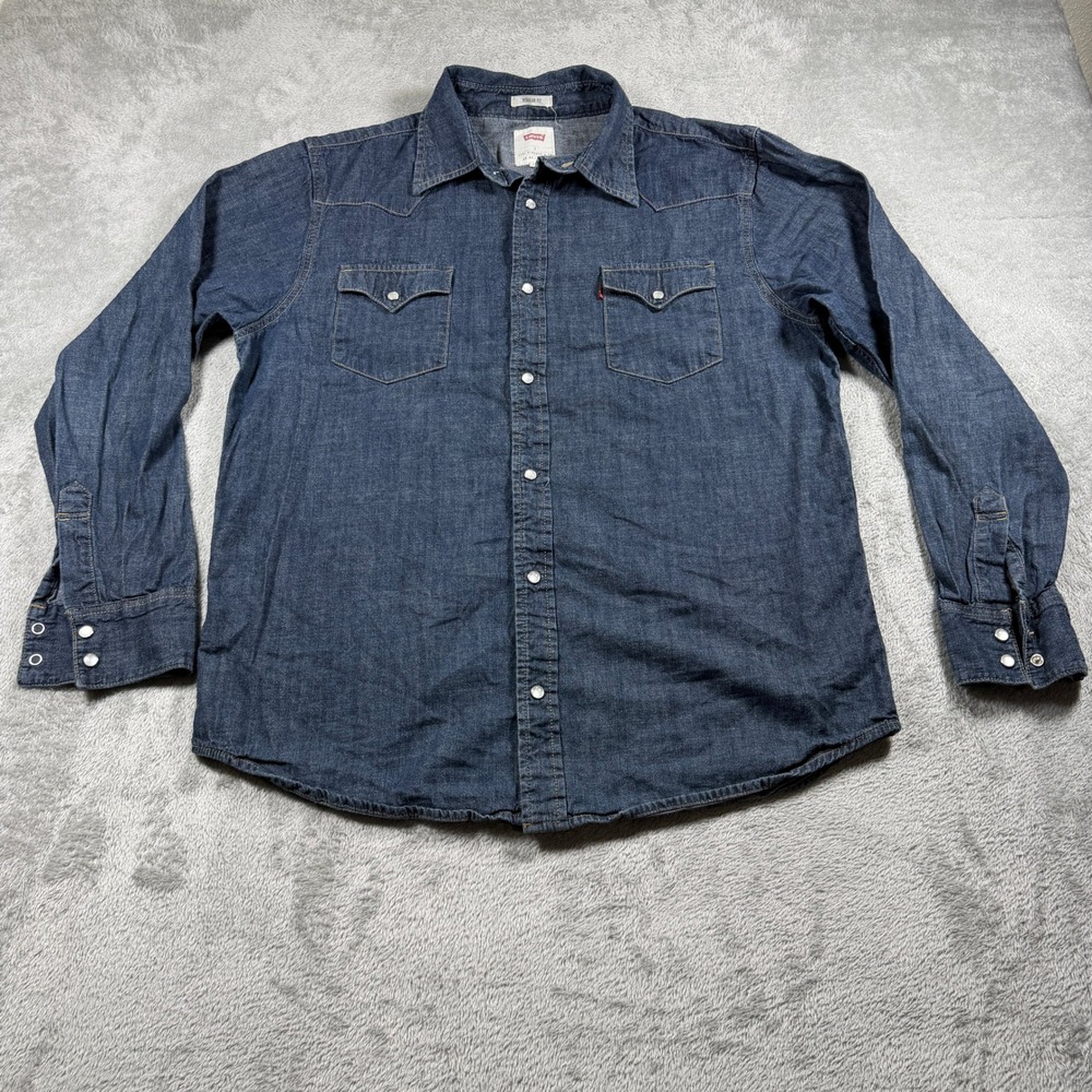 Levis Barstow Western Shirt Men Large Blue Regular Denim Pearl Snap Long Sleeve